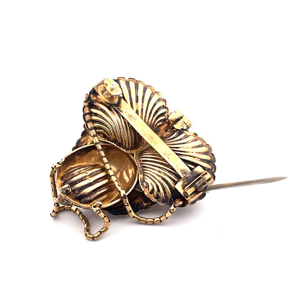 Antique 14k Yellow Gold Georgian Leaves Brooch with Garnet