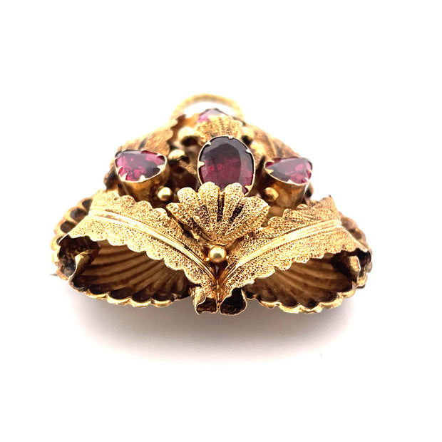 Antique 14k Yellow Gold Georgian Leaves Brooch with Garnet