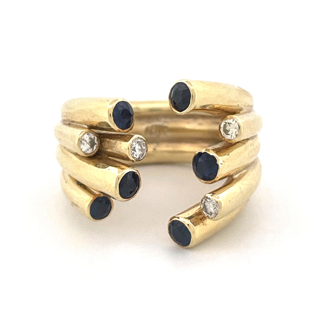 Luxurious 18k Yellow Gold Diamond and Sapphire Split Open End Cuff Ring