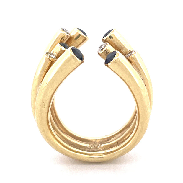 Luxurious 18k Yellow Gold Diamond and Sapphire Split Open End Cuff Ring