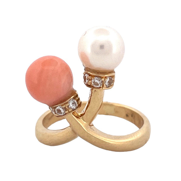 Exquisite 18k Yellow Gold Coral and Pearl Branch Ring