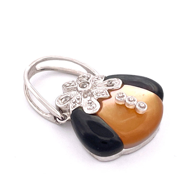 Luxurious 14k White Gold Onyx and Mother of Pearl Purse Pendant