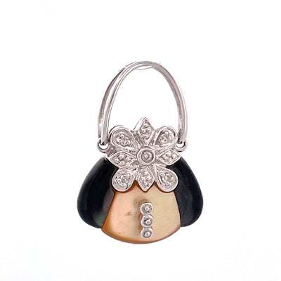 Luxurious 14k White Gold Onyx and Mother of Pearl Purse Pendant
