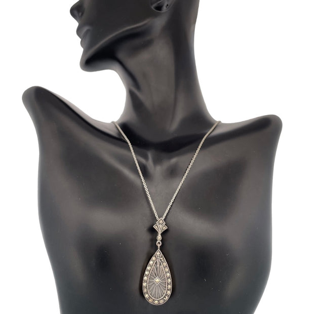 Elegant Art Deco Sunray Crystal and Marcasite Pendant Necklace