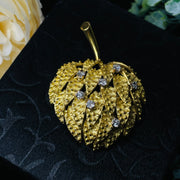 18K Solid Yellow Gold Leaf Brooch Embodied with Diamonds