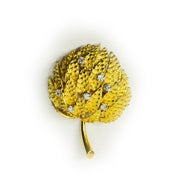 18K Solid Yellow Gold Leaf Brooch Embodied with Natural Diamonds