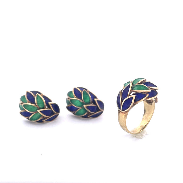 Antique 14k Yellow Gold Purple and Green Enamel Jewelry Set