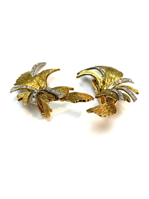 Vintage 18k Yellow Gold Autumn Leaf Earring and Brooch Set