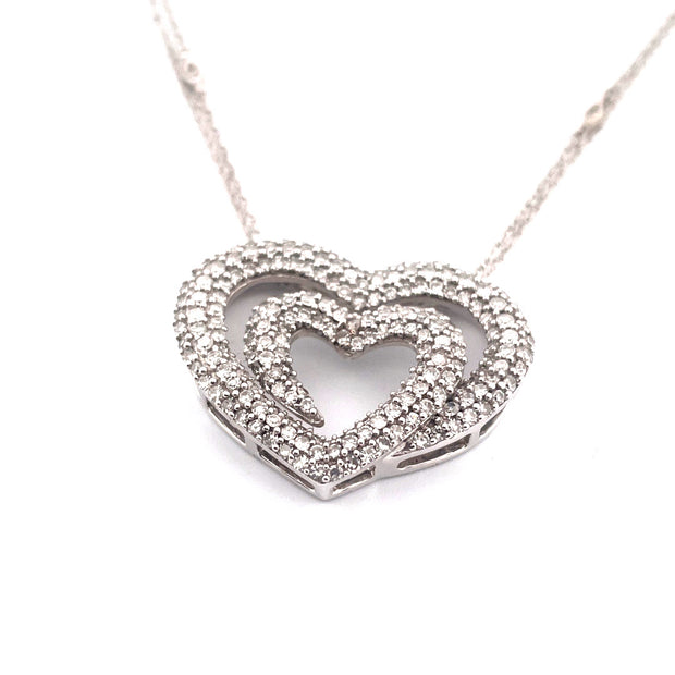 Elegant 14K White Gold Diamond Pave Double Heart Necklace