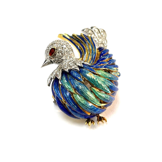 Bird Natural Diamond Brooch with Ruby Eye in 18k Yellow and White Gold