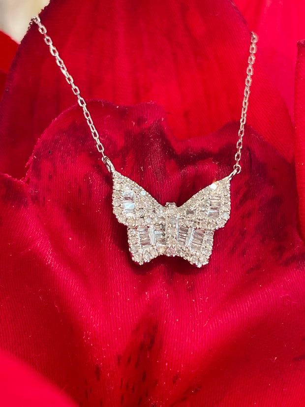 Butterfly Natural Diamond Necklace in 14k White Gold