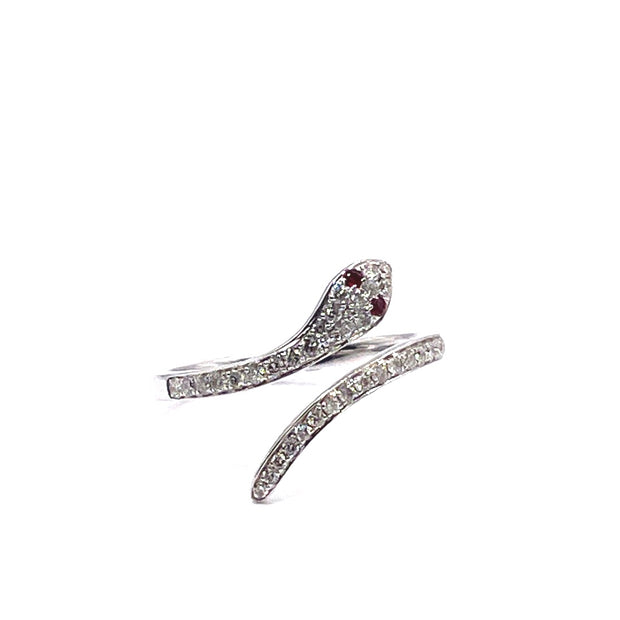 Stunning 14k White Gold Detailed Snake Natural Diamond Ruby Ring