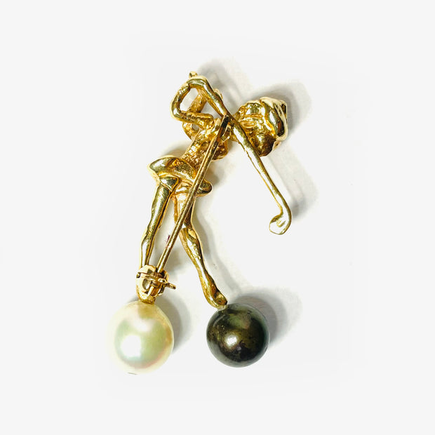 Stunning 14K Yellow Gold Ballerina Brooch with Natural Black and White Pearl Balls