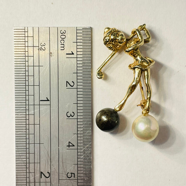 Stunning 14K Yellow Gold Ballerina Brooch with Natural Black and White Pearl Balls