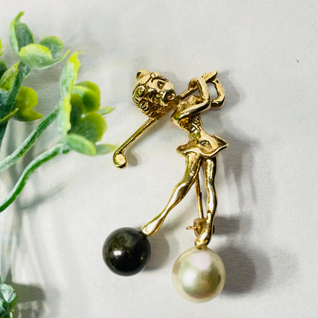 Stunning 14K Yellow Gold Ballerina Brooch with Natural Black and White Pearl Balls