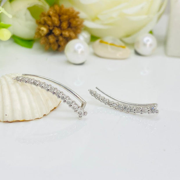 Gorgeous 14K White/Yellow Gold Curved Bar Natural Diamond Ear Crawlers