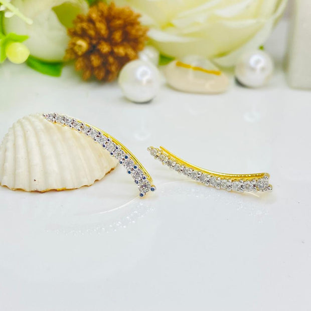 Gorgeous 14K White/Yellow Gold Curved Bar Natural Diamond Ear Crawlers