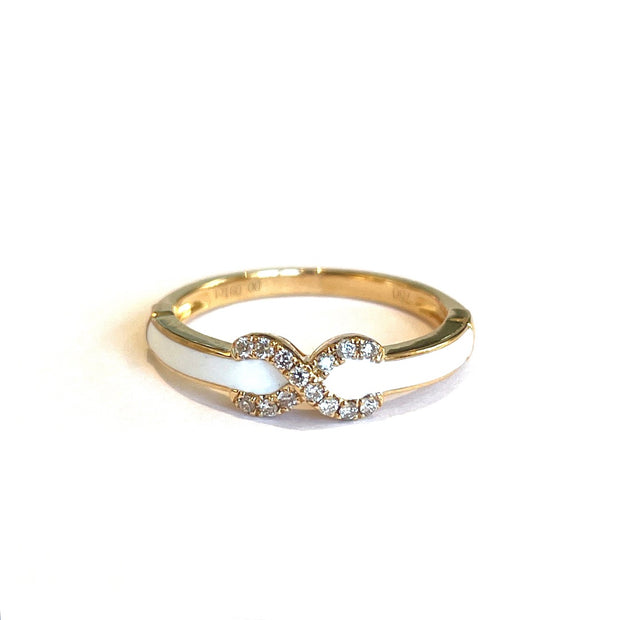 18k Yellow Gold Infinity Snow White Enamel Natural Diamond Ring