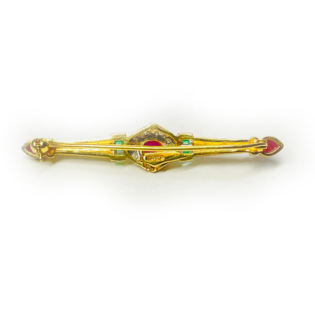 Vintage 18K Yellow Gold Ruby & Emerald Pin