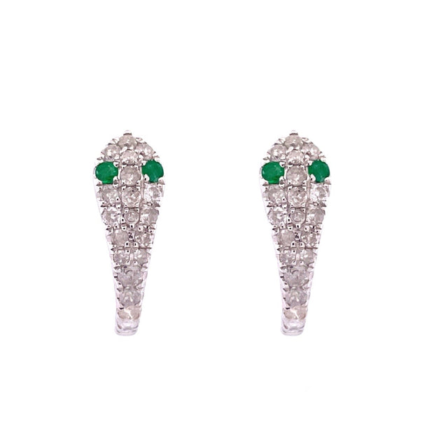 Enchanting 14k White Gold Snake Hoop Earrings with Green and White Diamonds