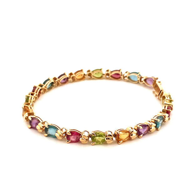 14K Yellow Gold Pear Shaped Bracelet with Multi-Colour Gemstones