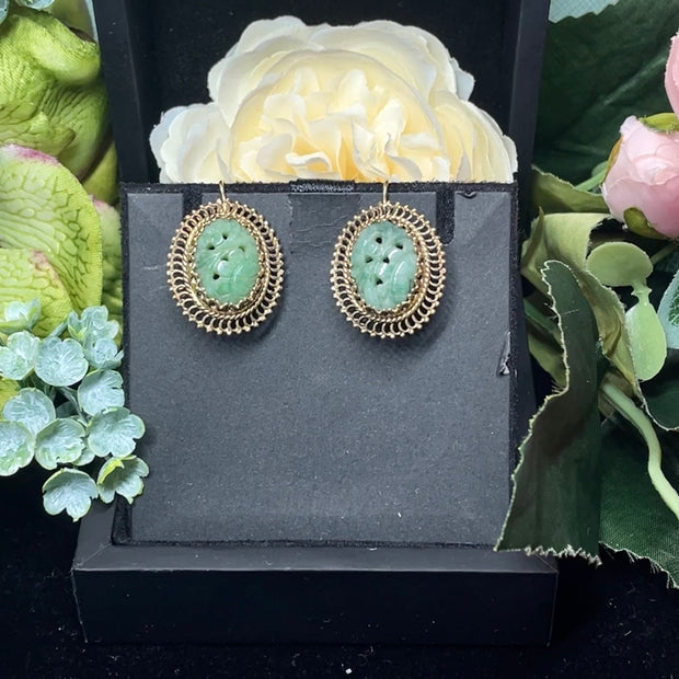 14K Yellow Gold Vintage Hand Carved Jadeite Earrings