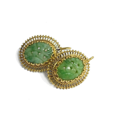 14K Yellow Gold Vintage Hand Carved Jadeite Earrings