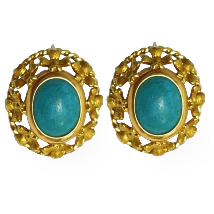 Vintage Gold 2024 Persian Turquoise Stud Earrings / Solid 14K Yellow Gold / VTG Made in Mexico / Stamped 14K 55 Mexico / Push Backs