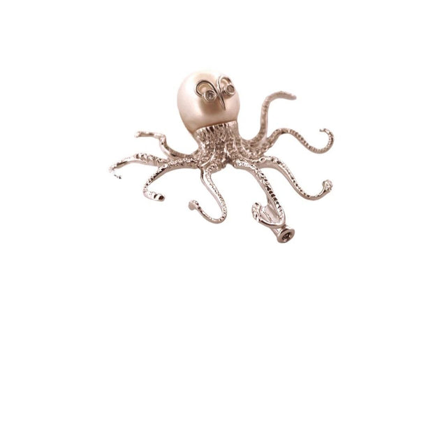 Elegant 18K White Gold Octopus Pearl Diamond Brooch