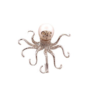 Elegant 18K White Gold Octopus Pearl Diamond Brooch