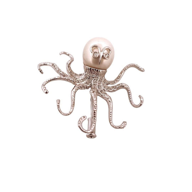 Elegant 18K White Gold Octopus Pearl Diamond Brooch