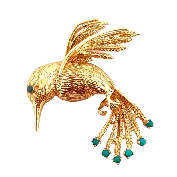 14K Yellow Gold Bird Brooch with 6 Turquoise Gemstones and Blue Diamond Eyes