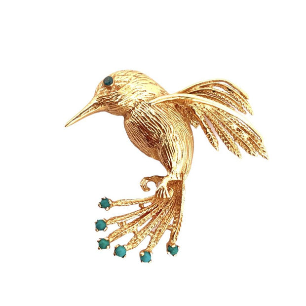 14K Yellow Gold Bird Brooch with 6 Turquoise Gemstones and Blue Diamond Eyes