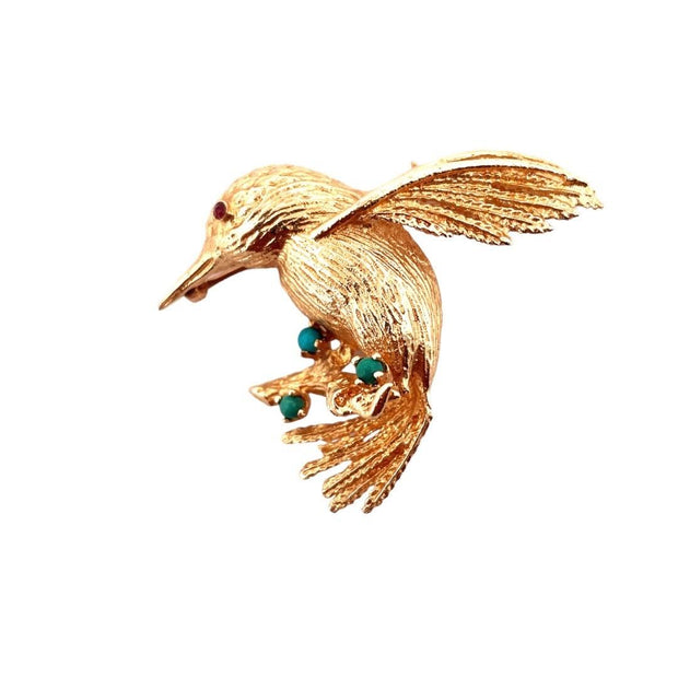 14K Yellow Gold Bird Brooch with 3 Turquoise Gemstones
