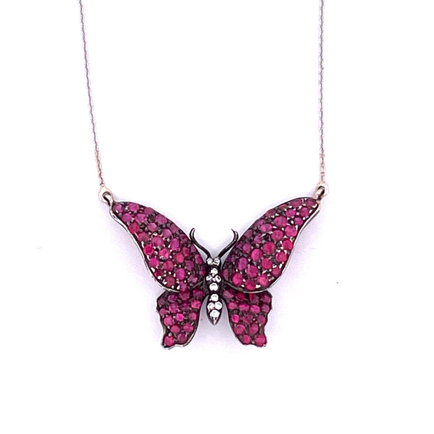 Enchanting 18K White Gold Ruby Butterfly Necklace