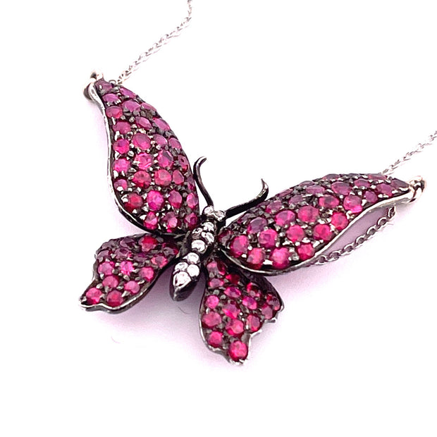 Enchanting 18K White Gold Ruby Butterfly Necklace