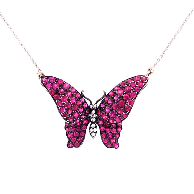 Enchanting 18K White Gold Ruby Butterfly Necklace