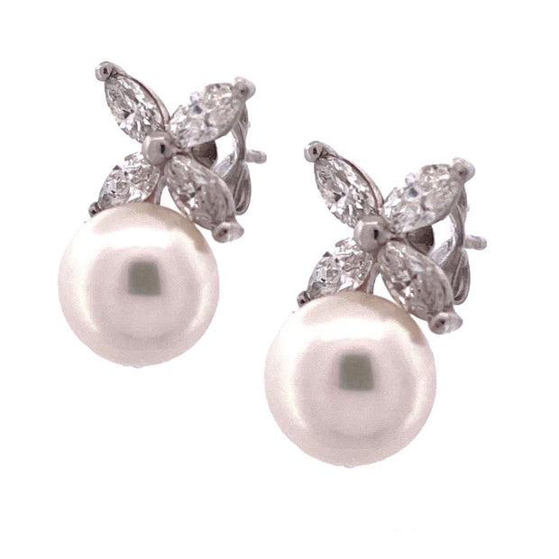 Elegant 14k White Gold Pearl and Diamond Butterfly Earrings
