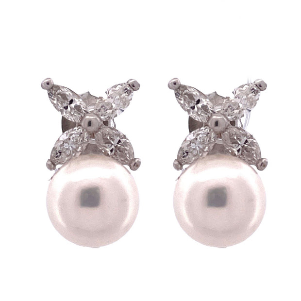 Elegant 14k White Gold Pearl and Diamond Butterfly Earrings
