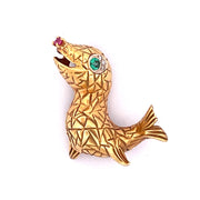 Enchanting 18k Yellow Gold Seal Brooch with Emerald Eyes and Ruby Nose