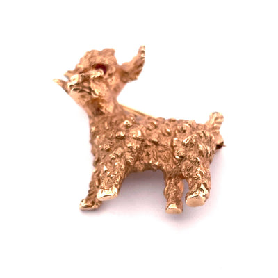 Charming 14k Yellow Gold Poodle Dog Brooch with Ruby Eyes