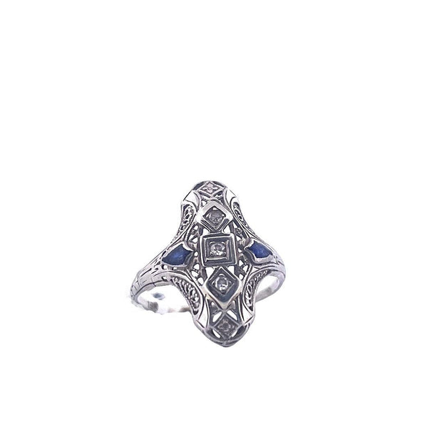 Vintage 18K White Gold Filigree Diamond & Sapphire Ring