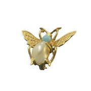 Modern 14K Yellow Gold Turquoise, Baroque Pearl, and Fly Brooch Pin