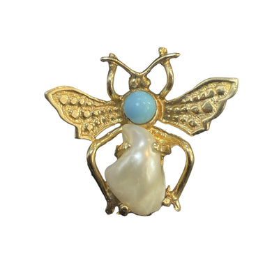 Modern 14K Yellow Gold Turquoise, Baroque Pearl, and Fly Brooch Pin