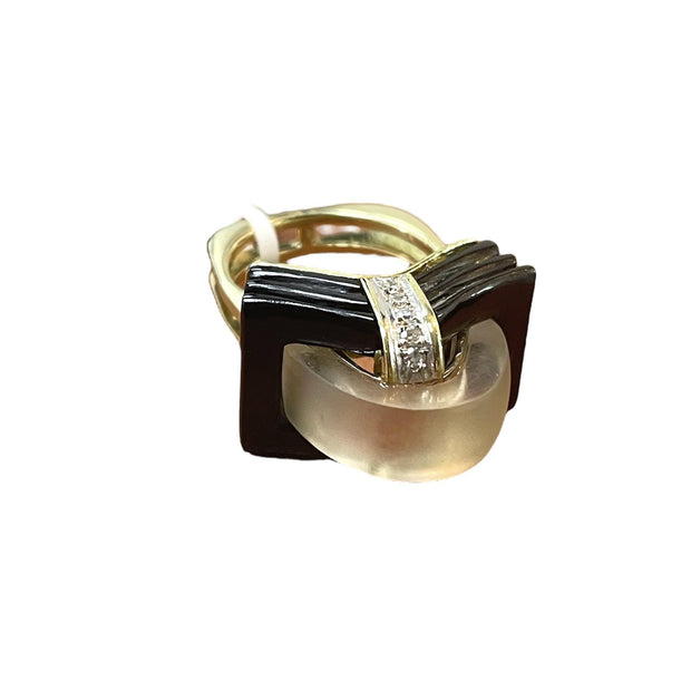 Vintage Quartz, Diamond, and Onyx Cocktail Ring - 14K Yellow Gold