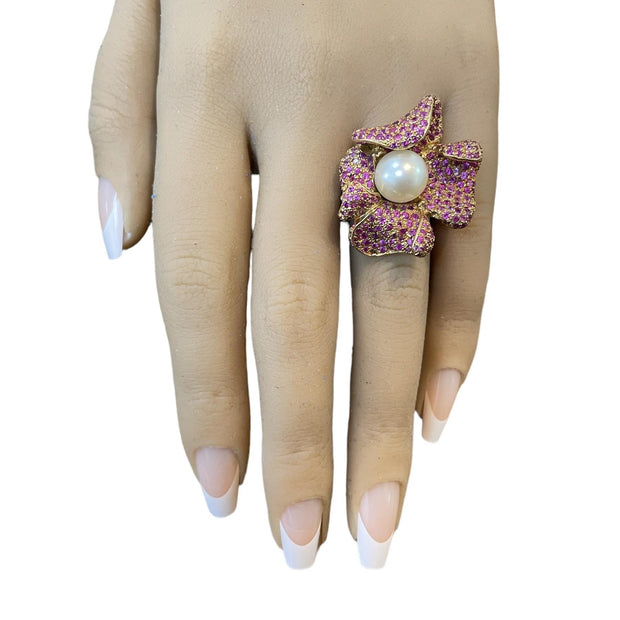 Luxurious Ruby Pearl Flower Ring- 18K Yellow Gold