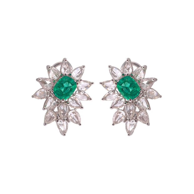 Emerald Flower Earrings - 1.73 TCW Emerald, 18K White Gold