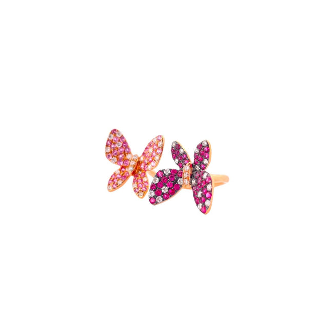 Enchanting Butterfly Cuff Diamond Ring with Rubies - 18K Rose Gold