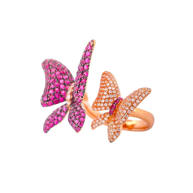 Twin Butterfly Cuff Rings - Ruby and Diamond, 18K Rose Gold