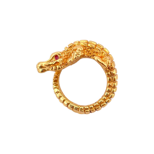 Ruby Eye Crocodile Ring -  14K Yellow Gold